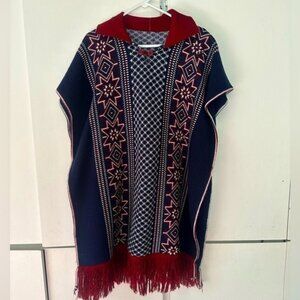 Hand Knit Patriotic Shawl shrug Poncho Wool